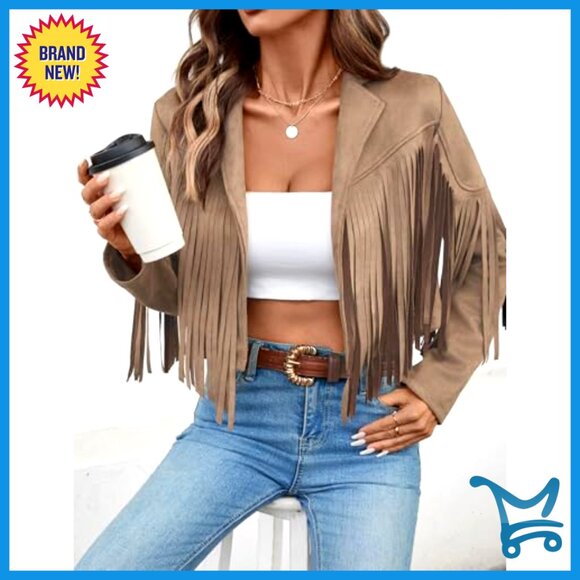 Faux Suede Leather Cropped Jacket with Fringe Tassels Western Style - Picture 4 of 7